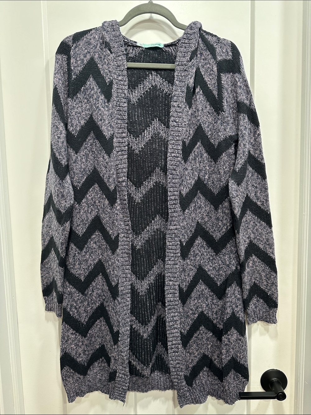 Open-Front Chevron Knit Hooded Cardigan Sweater - Size Large